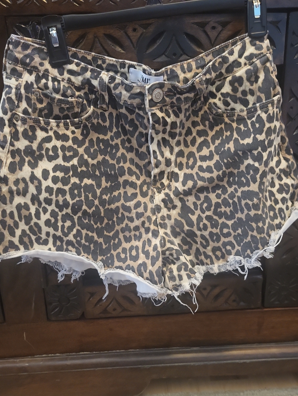 YMI Leopard Print Denim Cutoff Shorts - Beige/Black